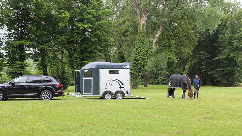 Un van attelé à une voiture dans une prairie verte. Un cheval et sa cavalière broutent à côté.