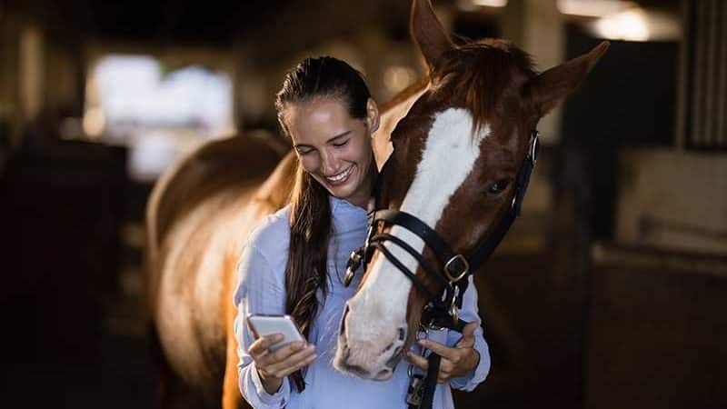 Jeune femme regardant son smartphone en souriant. Son cheval regarde par dessus son épaule.