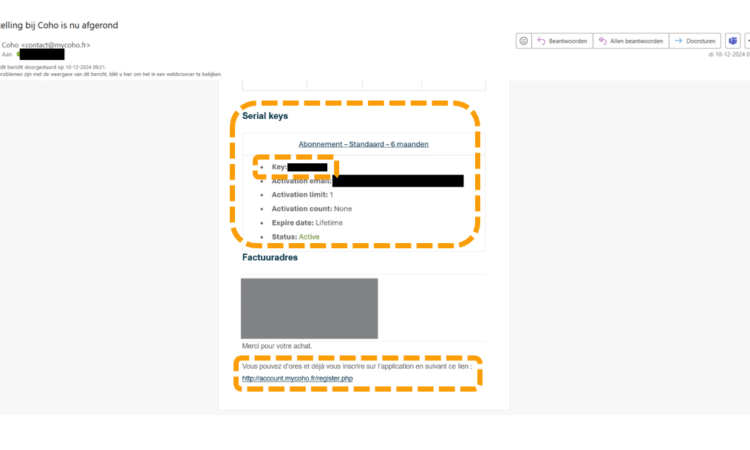 Bevestigingsmail licence key code finding place